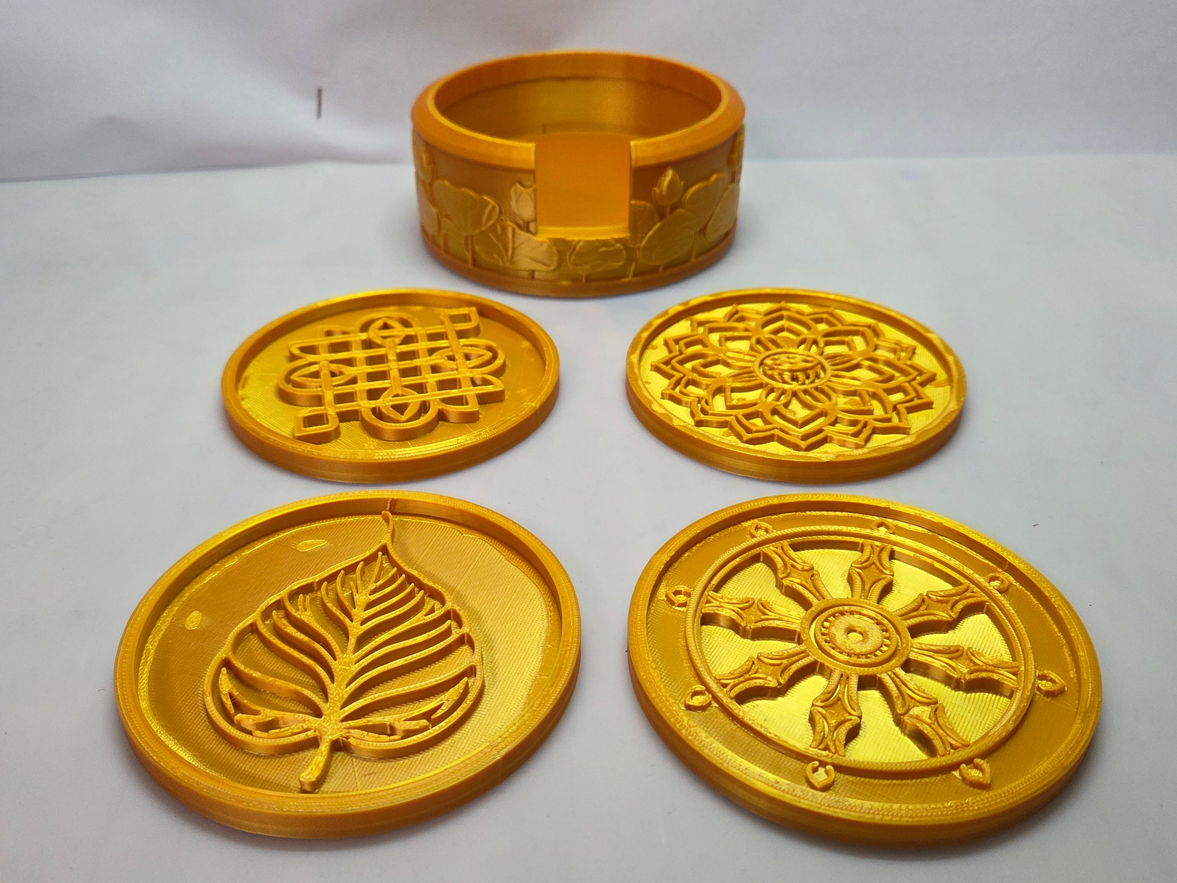 Vault 113 “Zen Division” Buddha Coaster Set – 4” Mandala Drink Coasters + Holder (PLA, Multiple Colors)