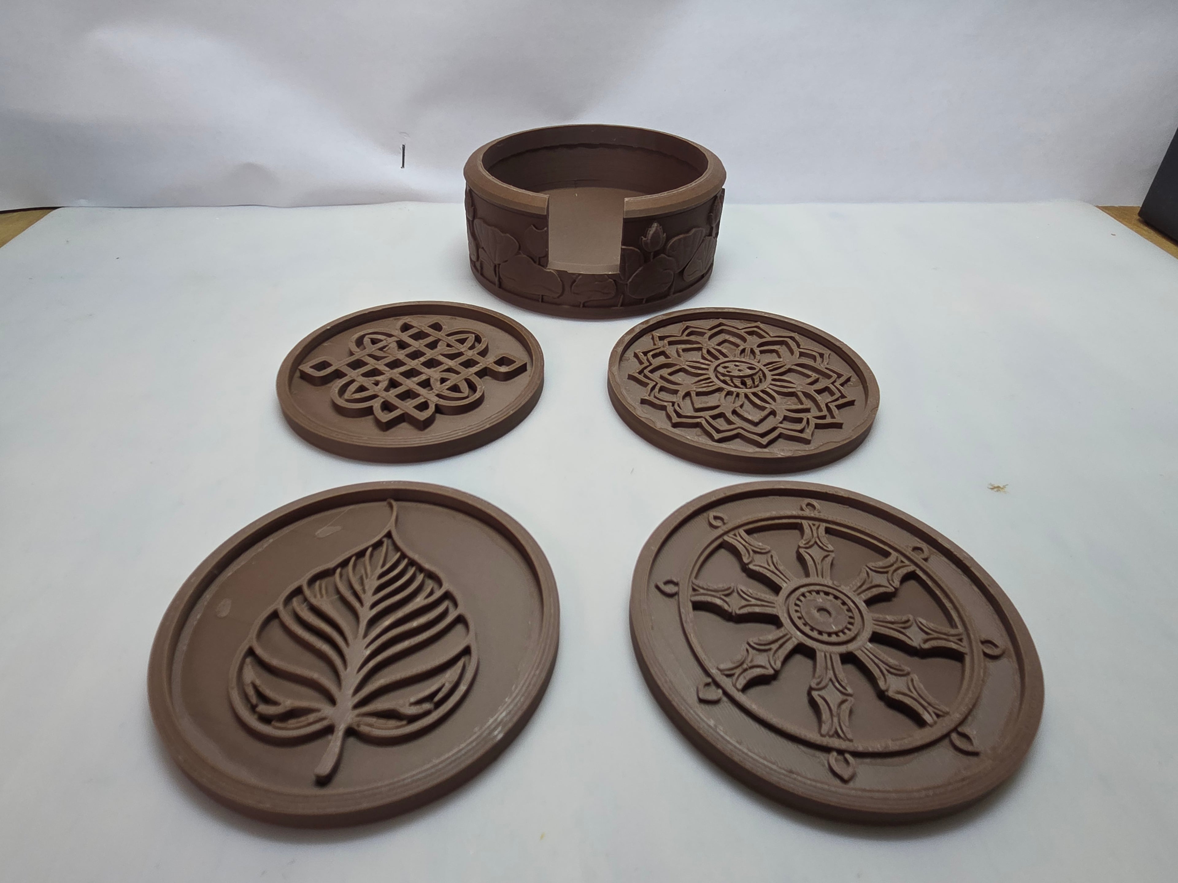 Vault 113 “Zen Division” Buddha Coaster Set – 4” Mandala Drink Coasters + Holder (PLA, Multiple Colors)