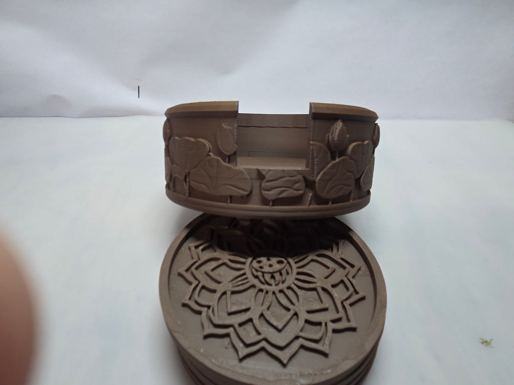 Vault 113 “Zen Division” Buddha Coaster Set – 4” Mandala Drink Coasters + Holder (PLA, Multiple Colors)